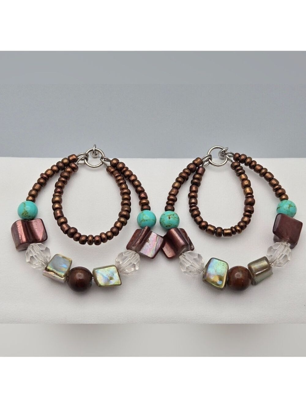 Boho Beaded Double Hoop Dangle Earrings Handcrafted Turquoise & Brown Artisan